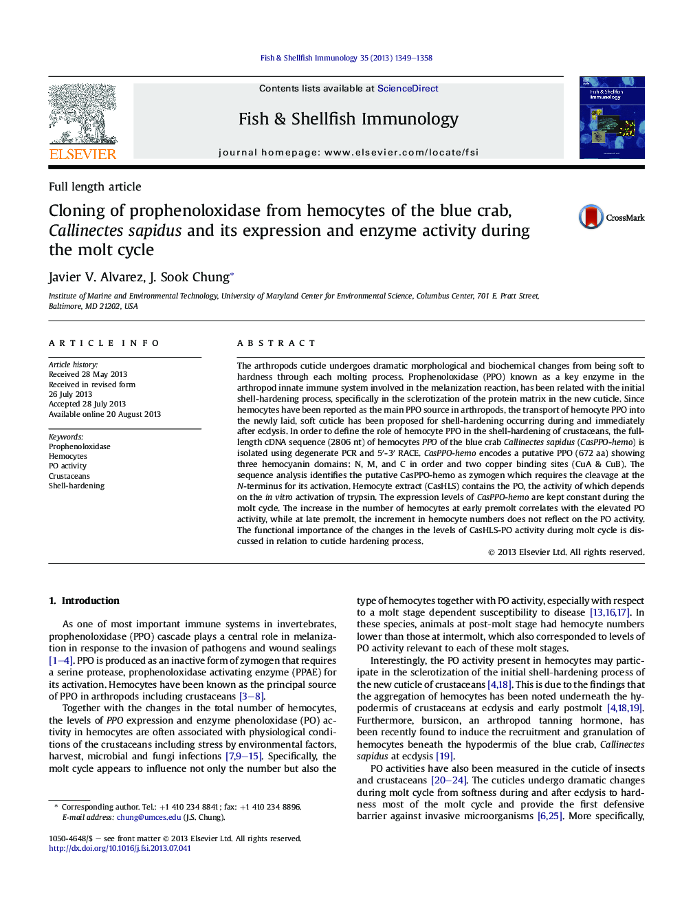 Cloning of prophenoloxidase from hemocytes of the blue crab, Callinectes sapidus and its expression and enzyme activity during the molt cycle