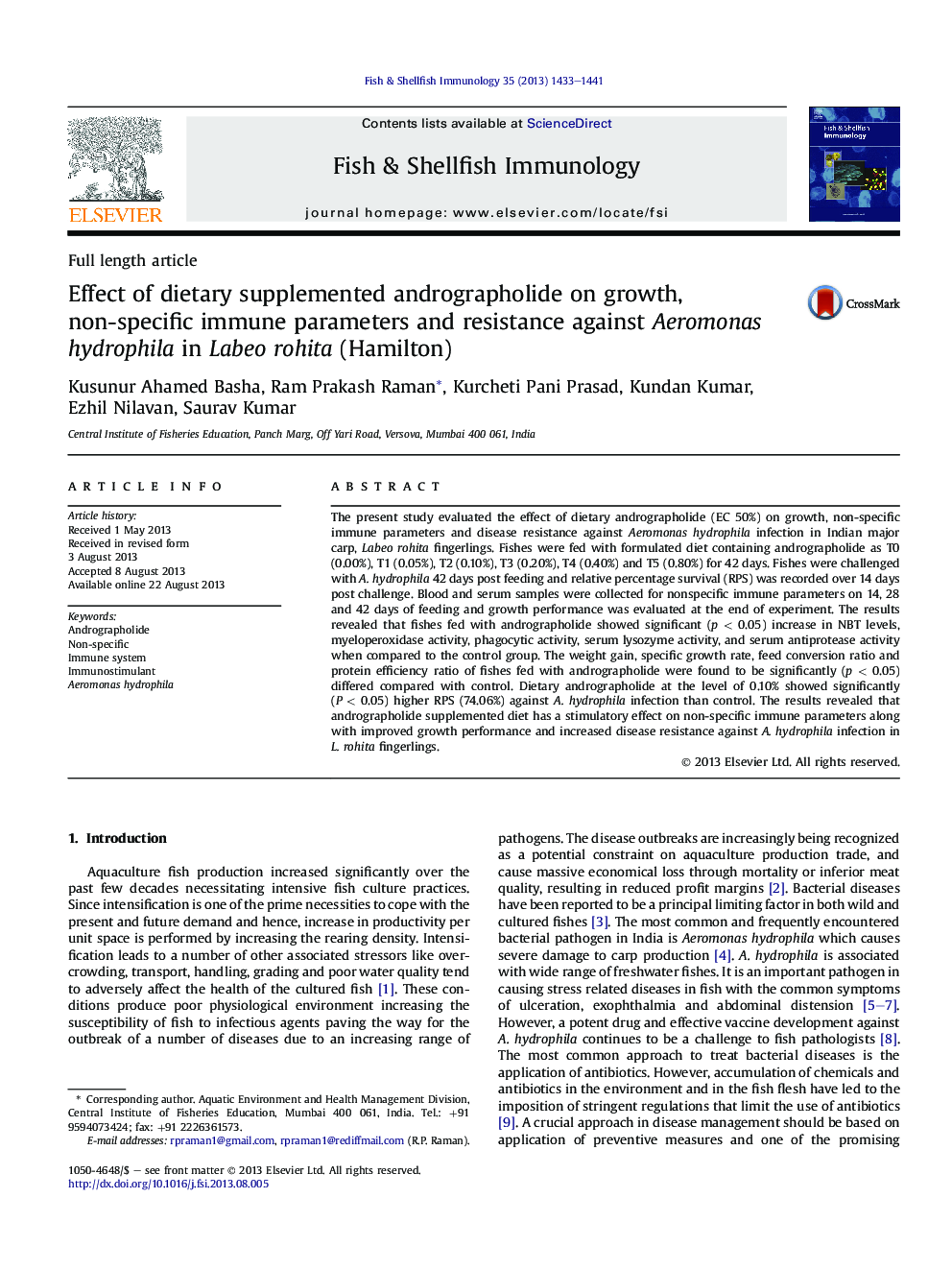 Effect of dietary supplemented andrographolide on growth, non-specific immune parameters and resistance against Aeromonas hydrophila in Labeo rohita (Hamilton)