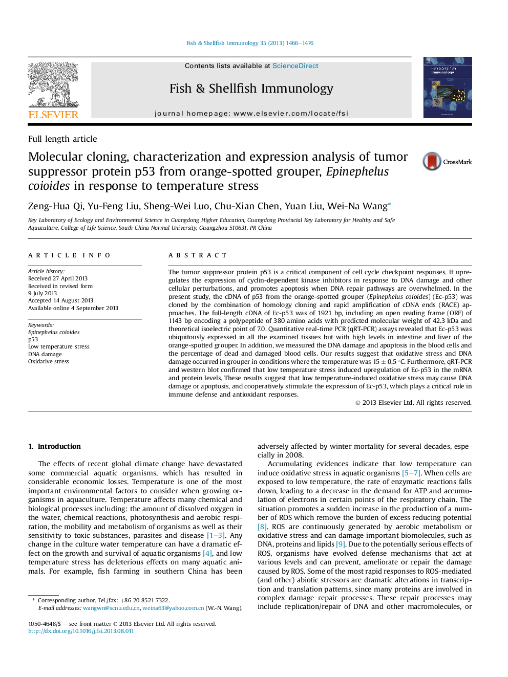 Molecular cloning, characterization and expression analysis of tumor suppressor protein p53 from orange-spotted grouper, Epinephelus coioides in response to temperature stress