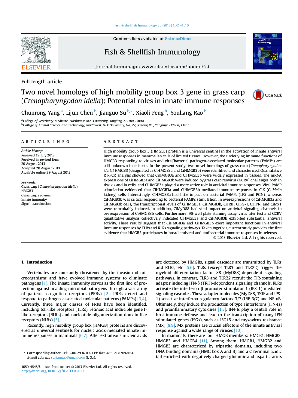 Two novel homologs of high mobility group box 3 gene in grass carp (Ctenopharyngodon idella): Potential roles in innate immune responses