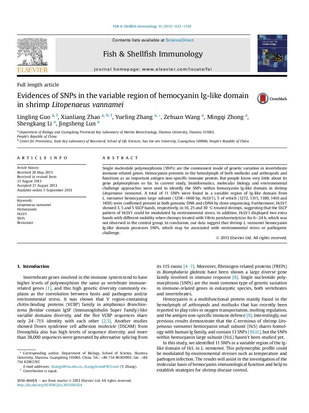 Evidences of SNPs in the variable region of hemocyanin Ig-like domain in shrimp Litopenaeus vannamei