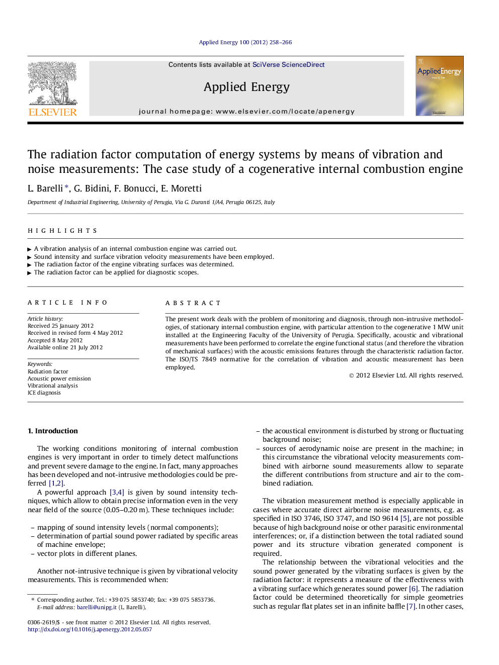 The radiation factor computation of energy systems by means of vibration and noise measurements: The case study of a cogenerative internal combustion engine