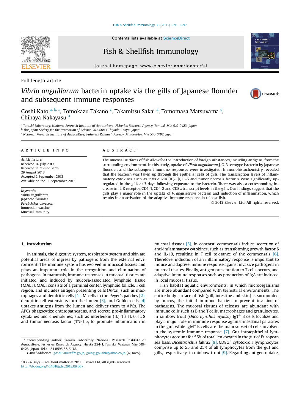 Vibrio anguillarum bacterin uptake via the gills of Japanese flounder and subsequent immune responses