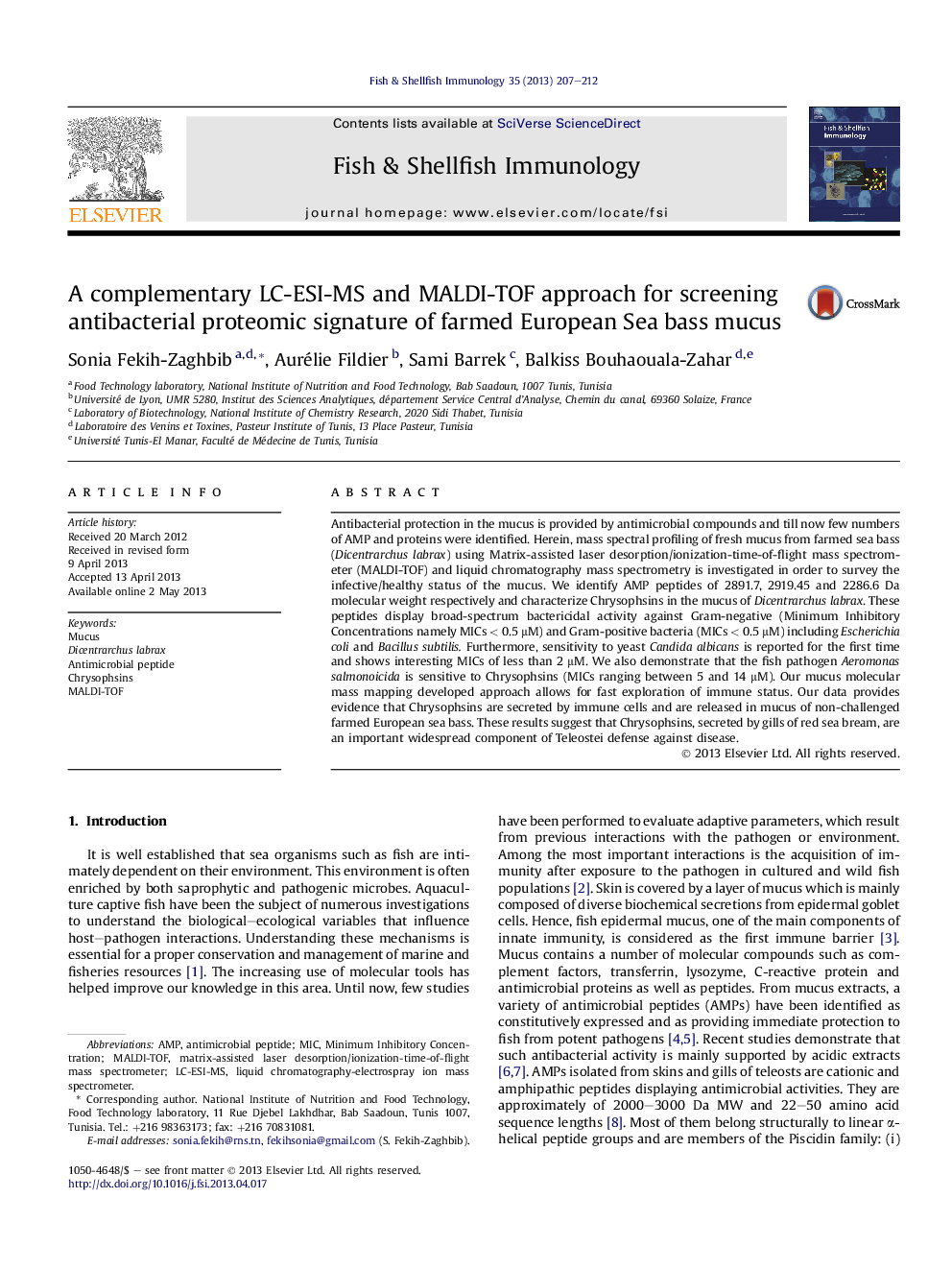 A complementary LC-ESI-MS and MALDI-TOF approach for screening antibacterial proteomic signature of farmed European Sea bass mucus