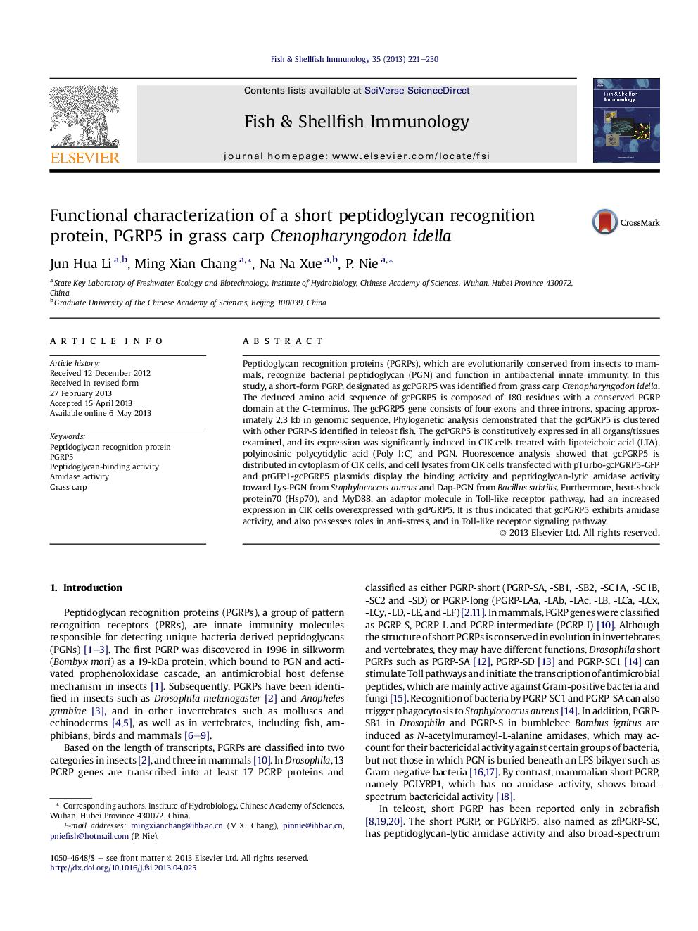 Functional characterization of a short peptidoglycan recognition protein, PGRP5 in grass carp Ctenopharyngodon idella