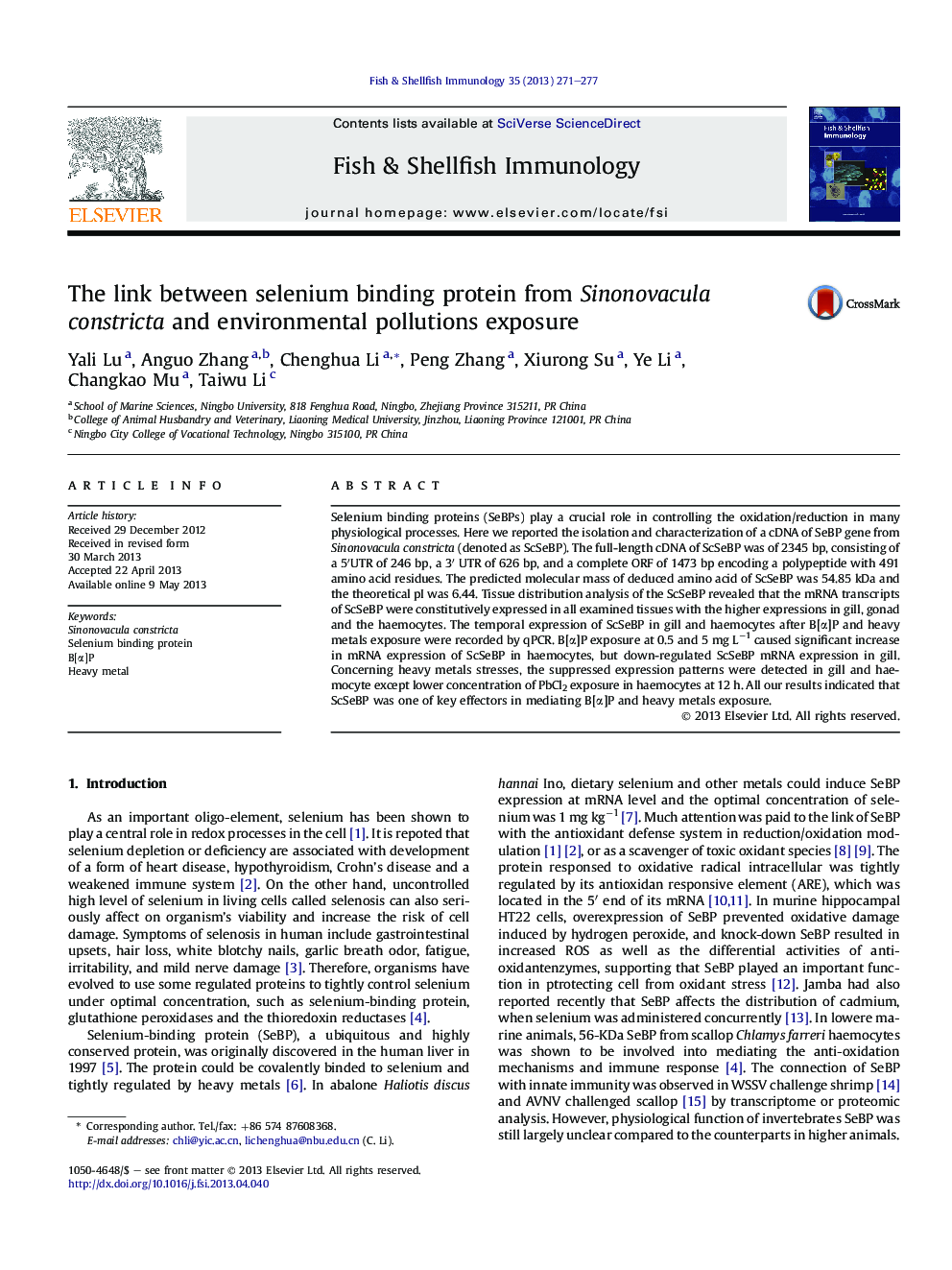 The link between selenium binding protein from Sinonovacula constricta and environmental pollutions exposure