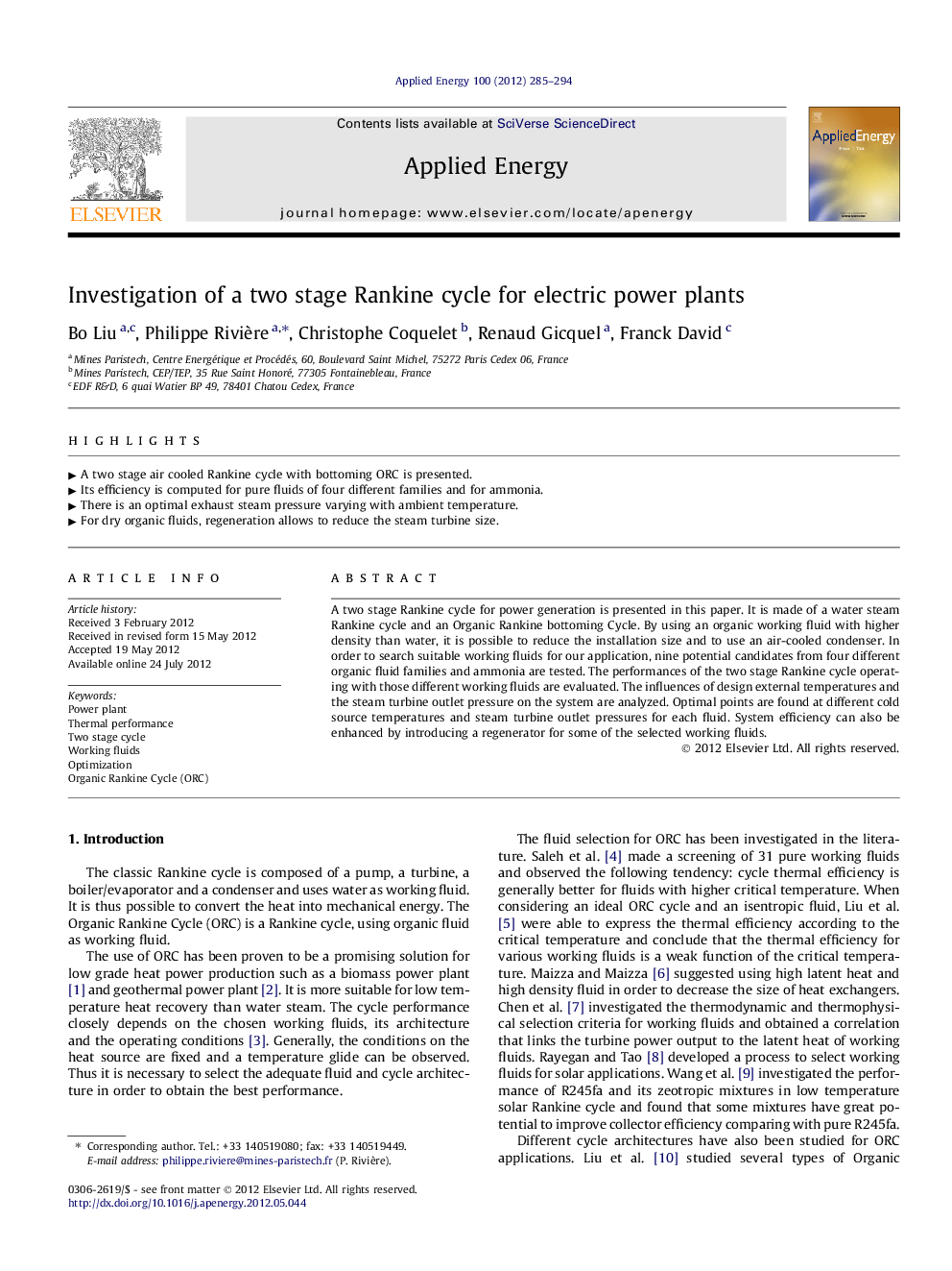 Investigation of a two stage Rankine cycle for electric power plants