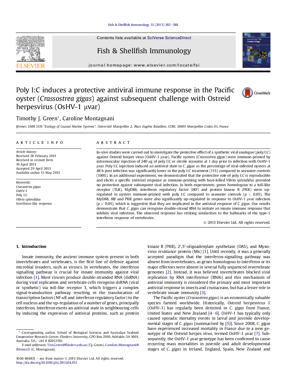 Poly I:C induces a protective antiviral immune response in the Pacific oyster (Crassostrea gigas) against subsequent challenge with Ostreid herpesvirus (OsHV-1 μvar)