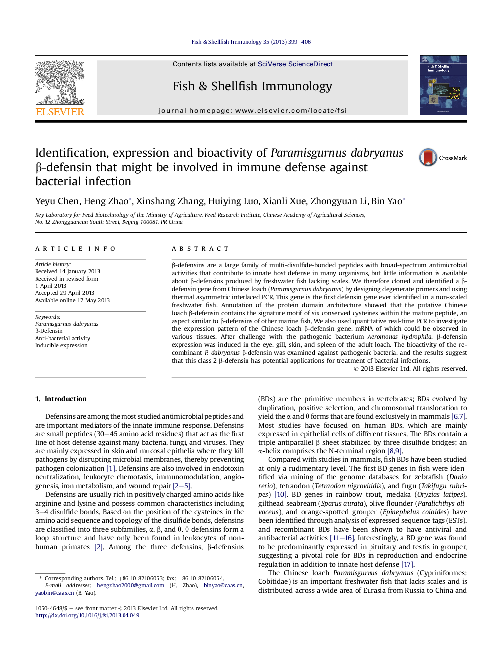 Identification, expression and bioactivity of Paramisgurnus dabryanus β-defensin that might be involved in immune defense against bacterial infection