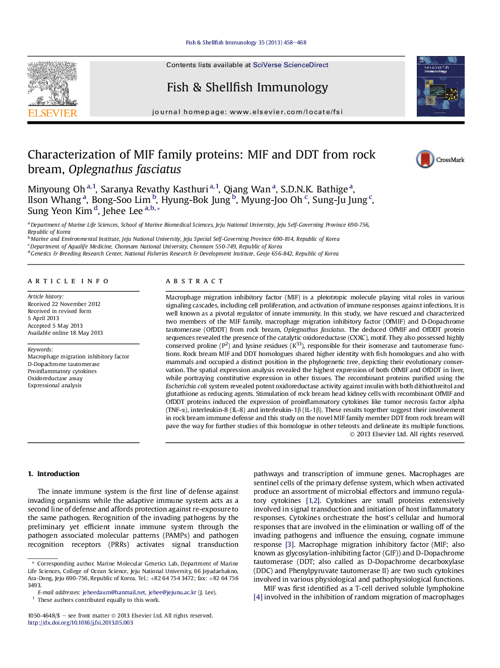 Characterization of MIF family proteins: MIF and DDT from rock bream, Oplegnathus fasciatus