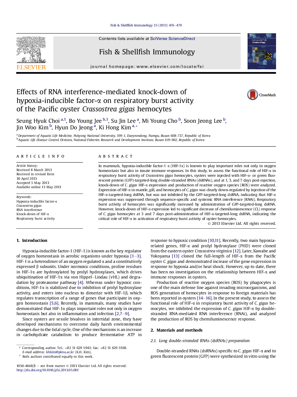 Effects of RNA interference-mediated knock-down of hypoxia-inducible factor-α on respiratory burst activity of the Pacific oyster Crassostrea gigas hemocytes