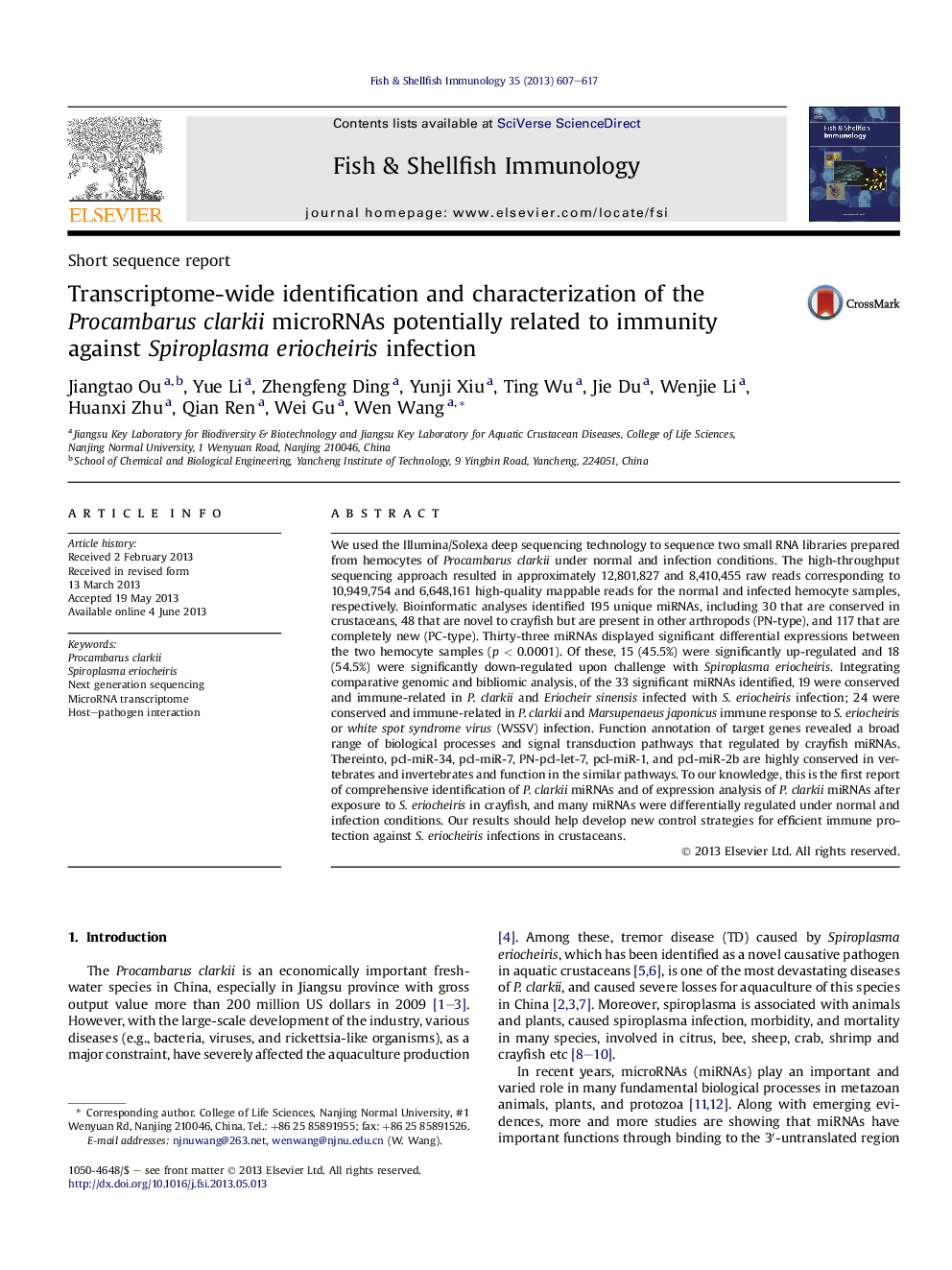 Transcriptome-wide identification and characterization of the Procambarus clarkii microRNAs potentially related to immunity against Spiroplasma eriocheiris infection