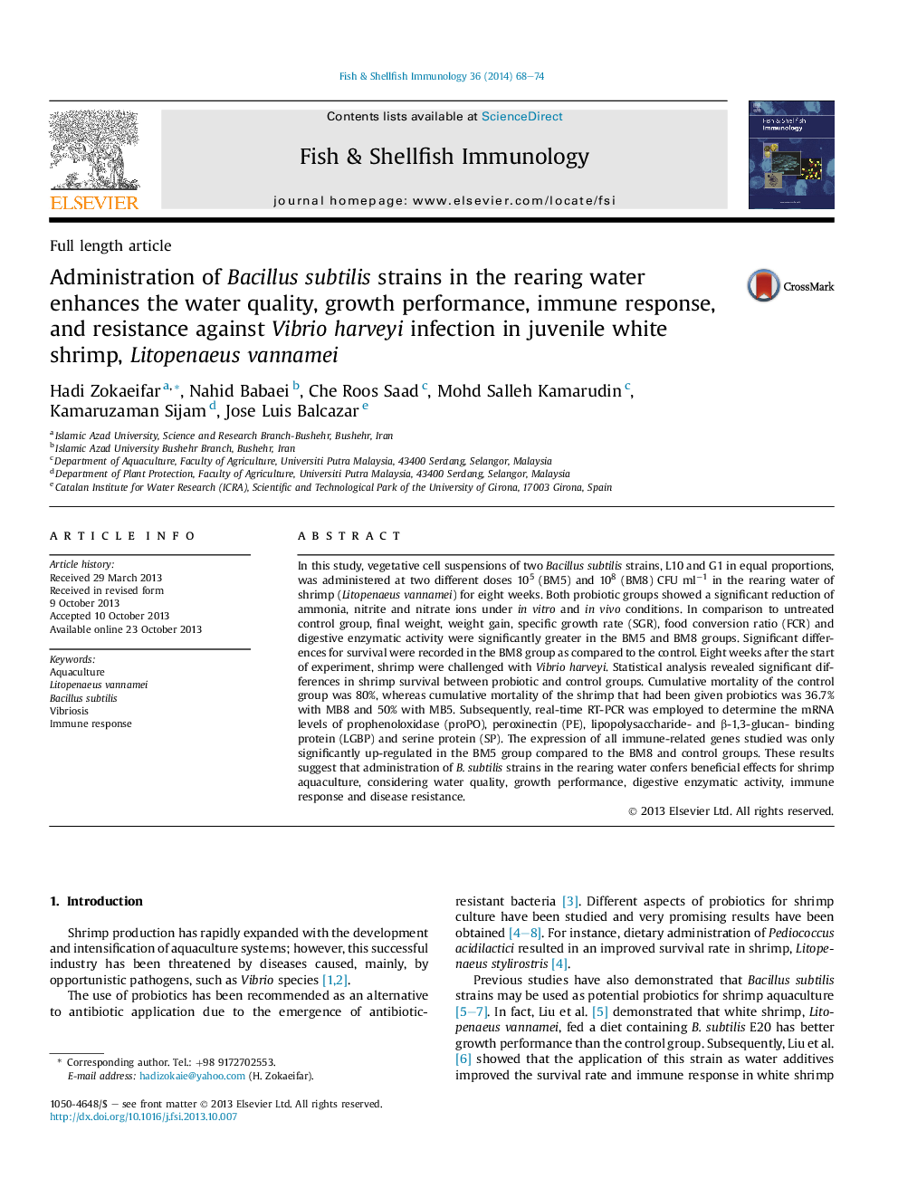 Administration of Bacillus subtilis strains in the rearing water enhances the water quality, growth performance, immune response, and resistance against Vibrio harveyi infection in juvenile white shrimp, Litopenaeus vannamei