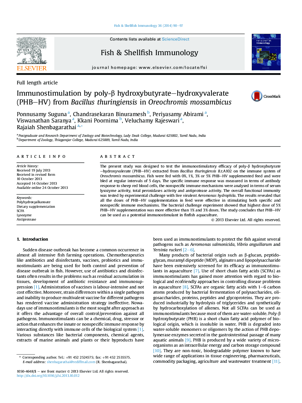 Immunostimulation by poly-β hydroxybutyrate–hydroxyvalerate (PHB–HV) from Bacillus thuringiensis in Oreochromis mossambicus