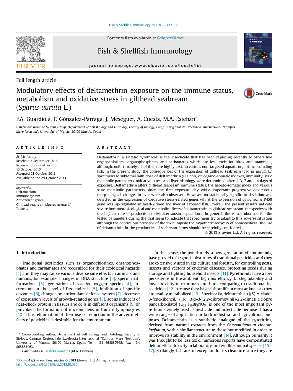 Modulatory effects of deltamethrin-exposure on the immune status, metabolism and oxidative stress in gilthead seabream (Sparus aurata L.)