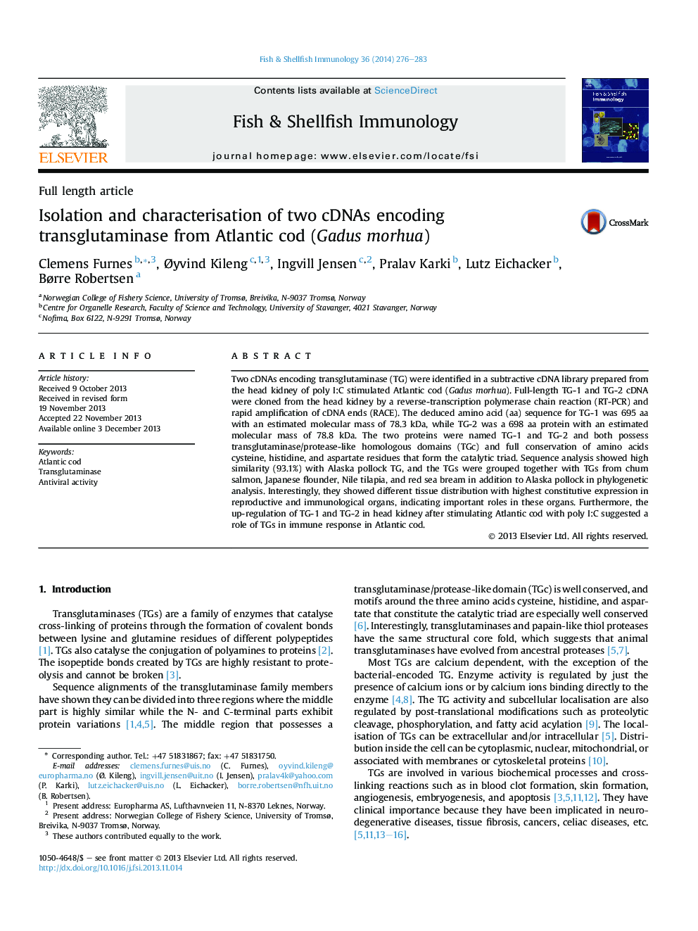 Isolation and characterisation of two cDNAs encoding transglutaminase from Atlantic cod (Gadus morhua)