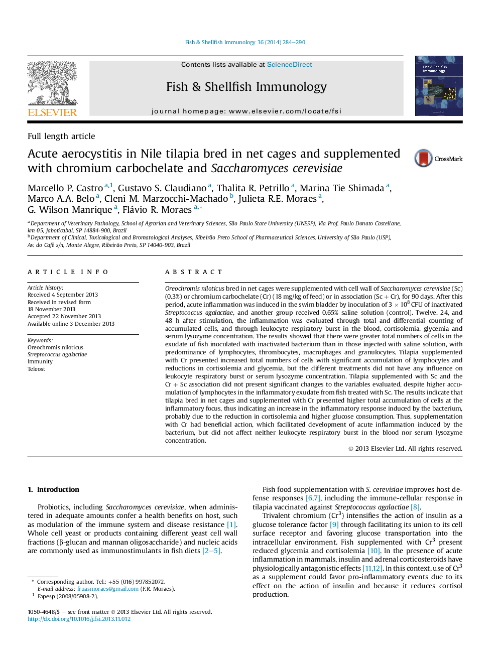 Acute aerocystitis in Nile tilapia bred in net cages and supplemented with chromium carbochelate and Saccharomyces cerevisiae