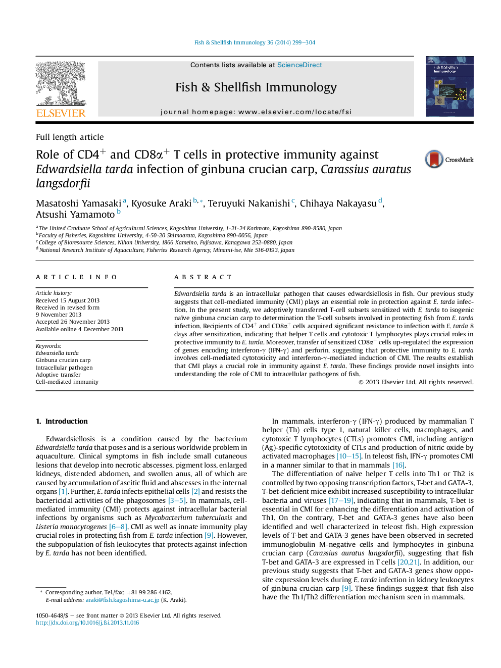 Role of CD4+ and CD8α+ T cells in protective immunity against Edwardsiella tarda infection of ginbuna crucian carp, Carassius auratus langsdorfii