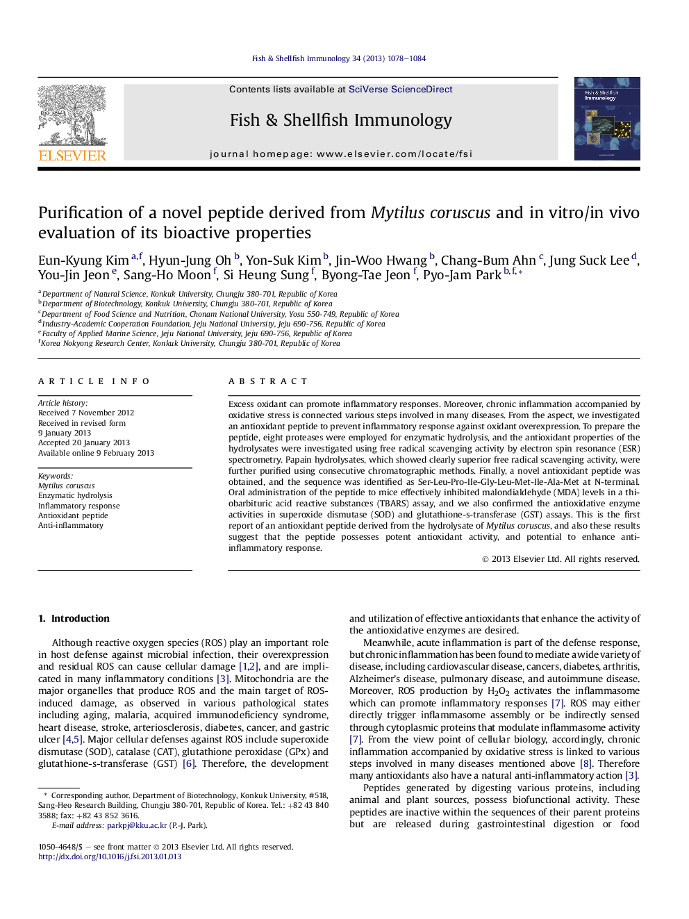 Purification of a novel peptide derived from Mytilus coruscus and in vitro/in vivo evaluation of its bioactive properties