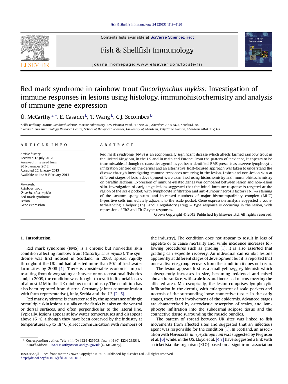 Red mark syndrome in rainbow trout Oncorhynchus mykiss: Investigation of immune responses in lesions using histology, immunohistochemistry and analysis of immune gene expression