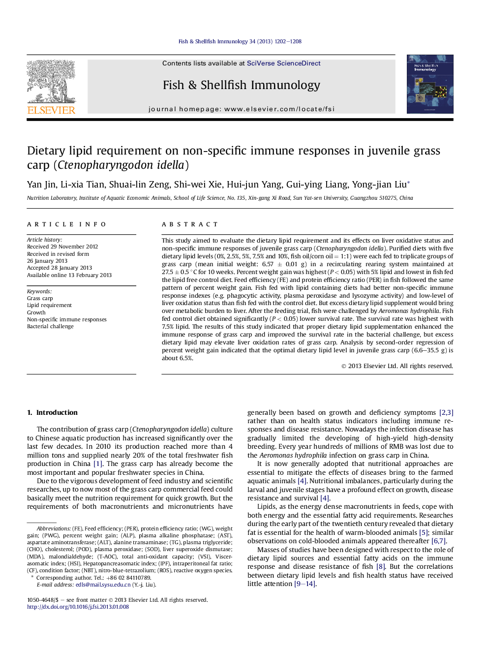 Dietary lipid requirement on non-specific immune responses in juvenile grass carp (Ctenopharyngodon idella)