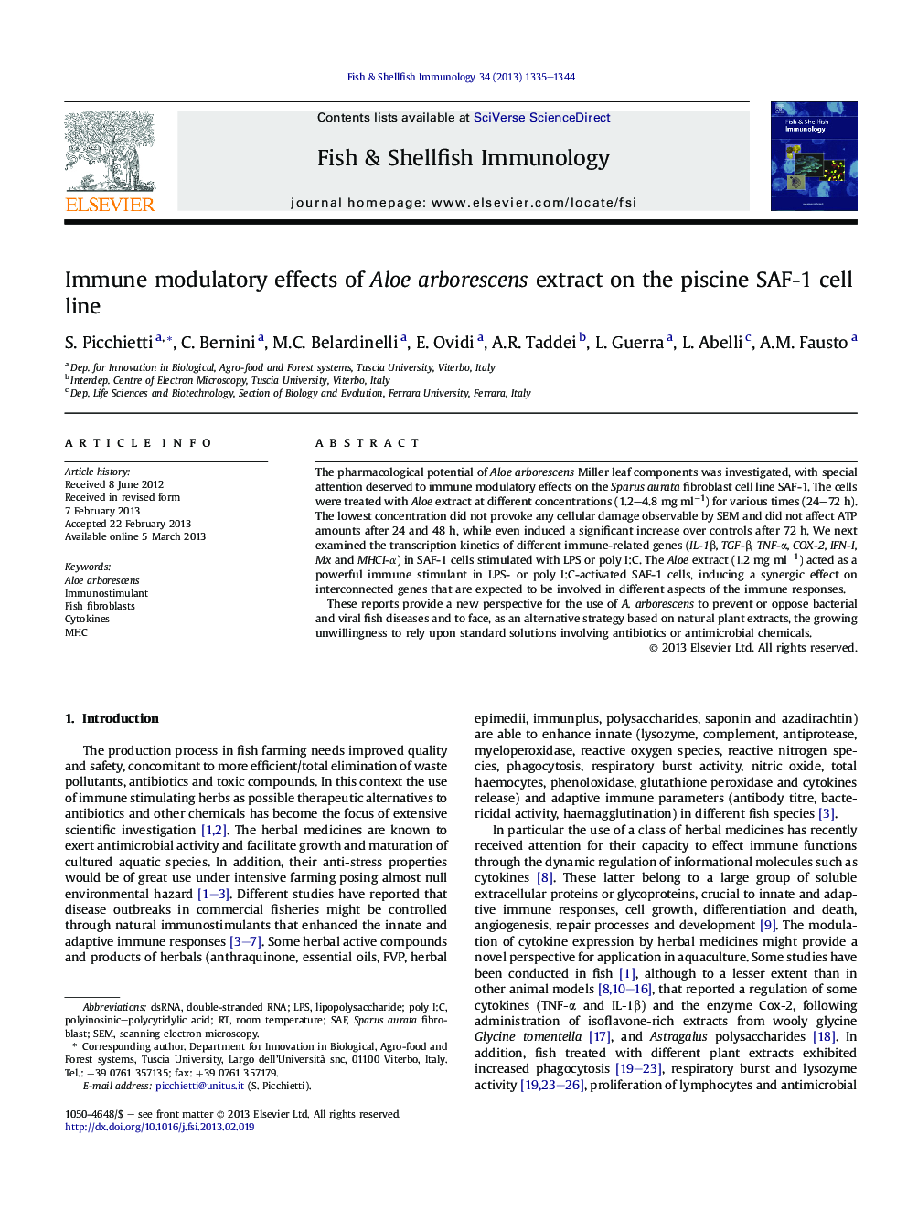 Immune modulatory effects of Aloe arborescens extract on the piscine SAF-1 cell line