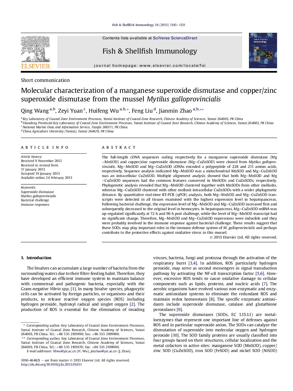 Molecular characterization of a manganese superoxide dismutase and copper/zinc superoxide dismutase from the mussel Mytilus galloprovincialis