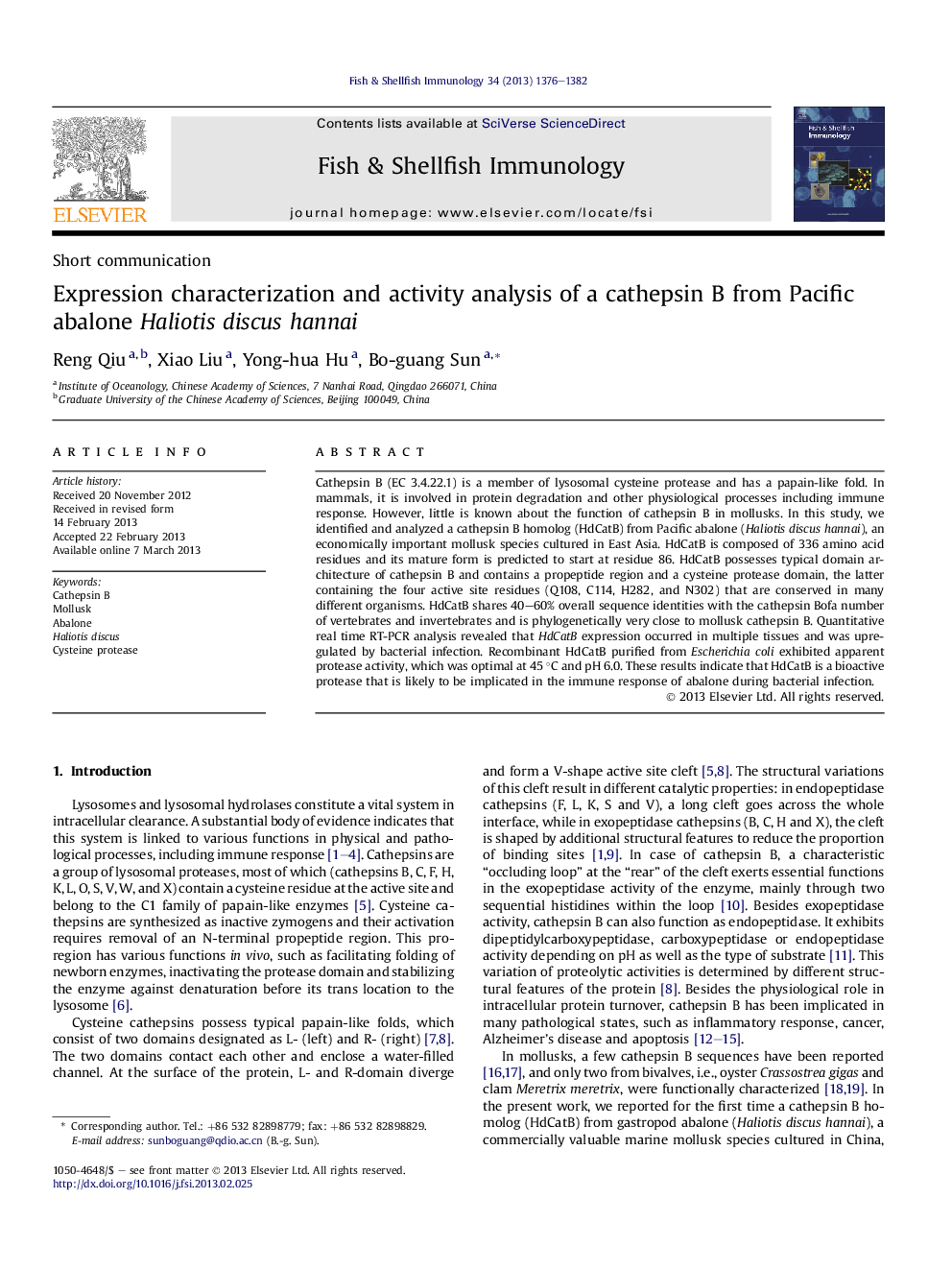 Expression characterization and activity analysis of a cathepsin B from Pacific abalone Haliotis discus hannai