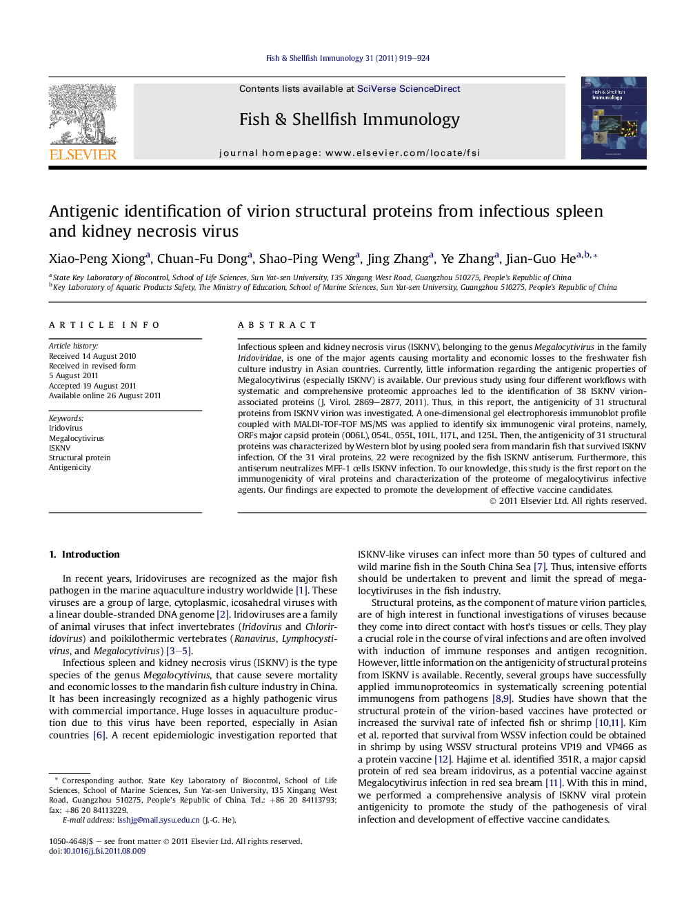 Antigenic identification of virion structural proteins from infectious spleen and kidney necrosis virus