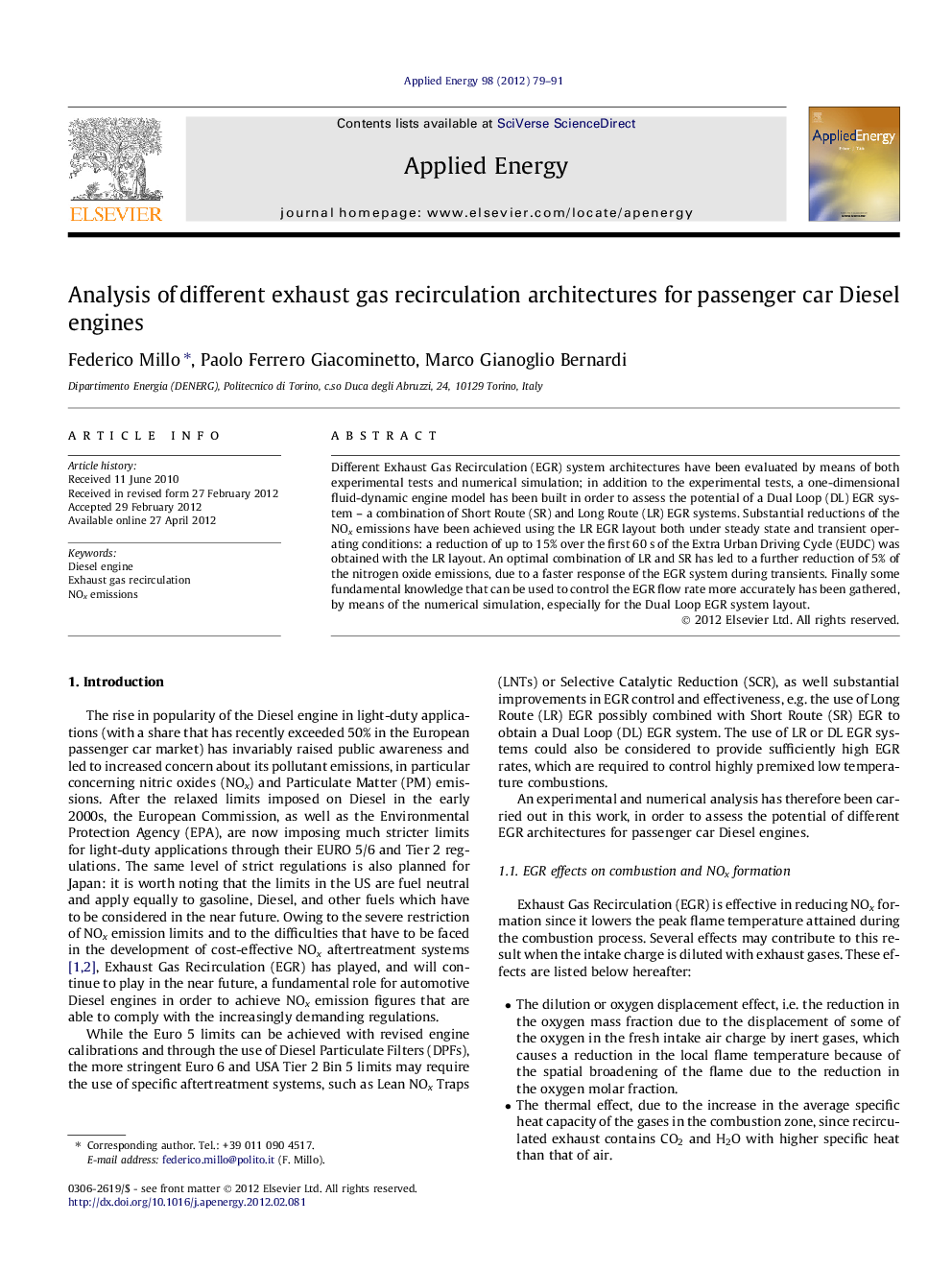 Analysis of different exhaust gas recirculation architectures for passenger car Diesel engines