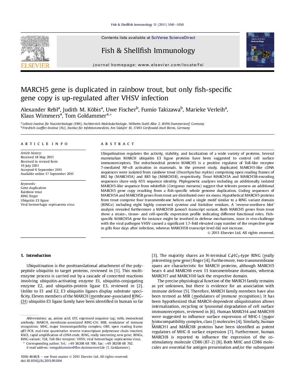 MARCH5 gene is duplicated in rainbow trout, but only fish-specific gene copy is up-regulated after VHSV infection