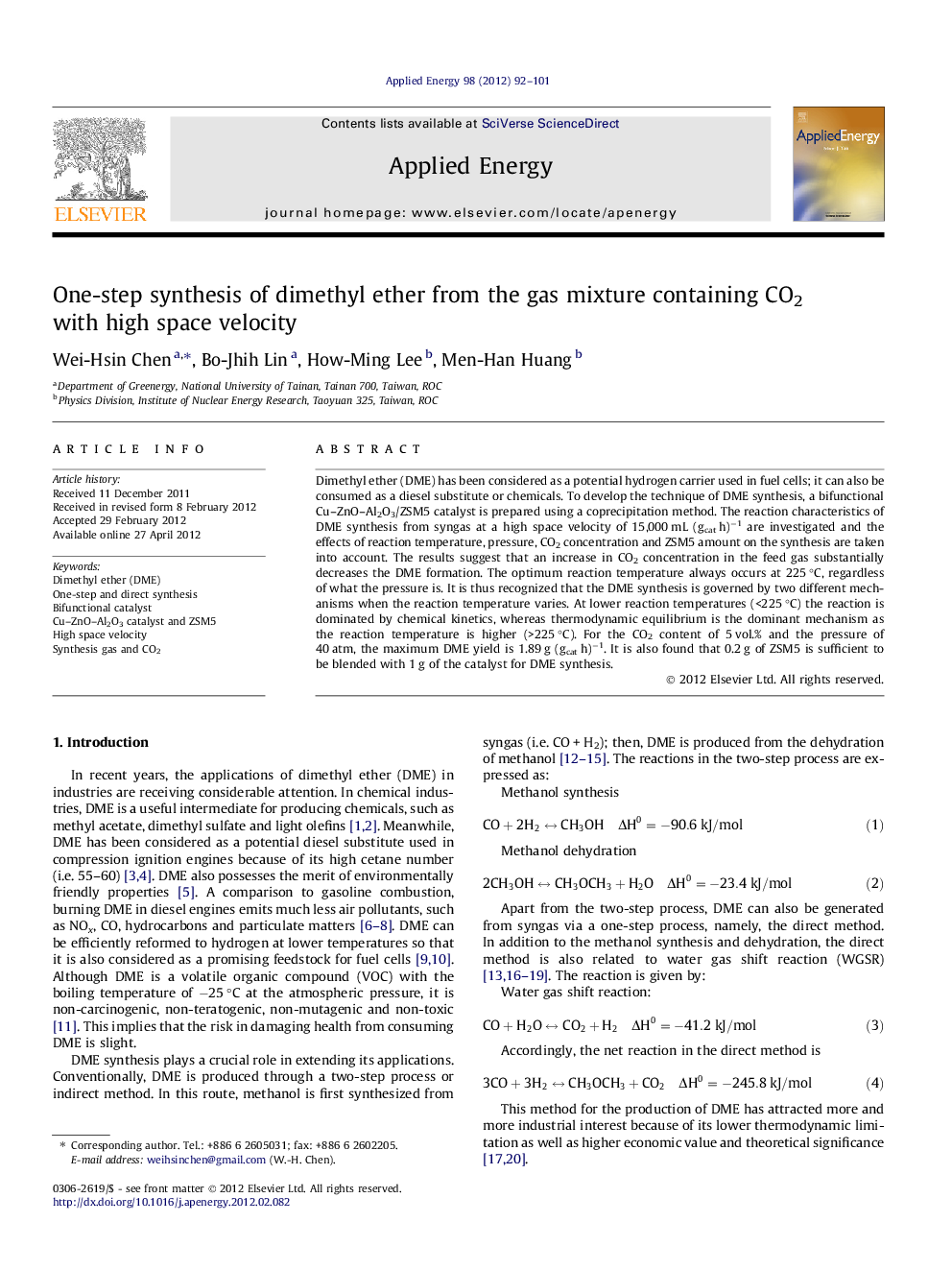 One-step synthesis of dimethyl ether from the gas mixture containing CO2 with high space velocity