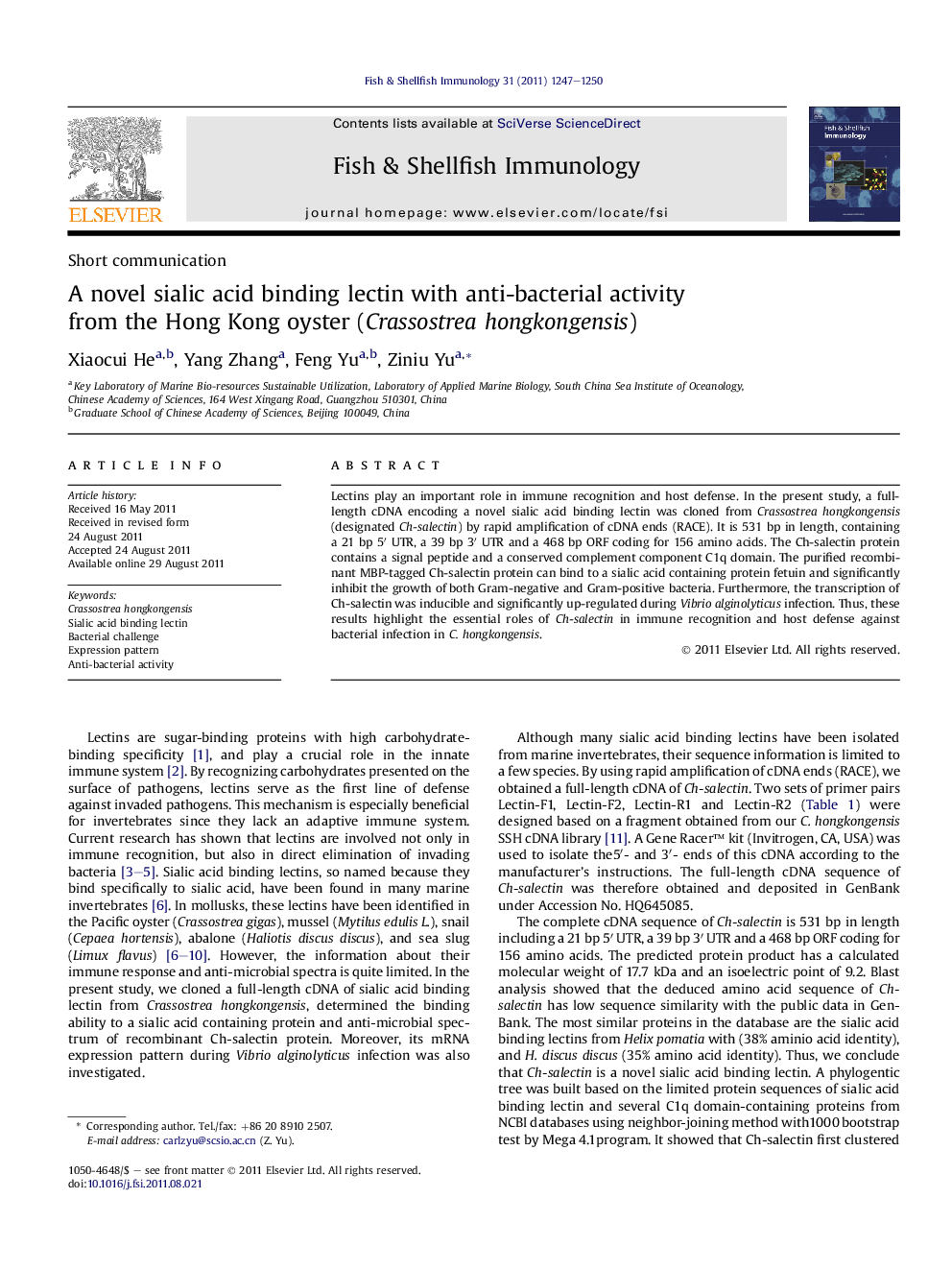 A novel sialic acid binding lectin with anti-bacterial activity from the Hong Kong oyster (Crassostrea hongkongensis)