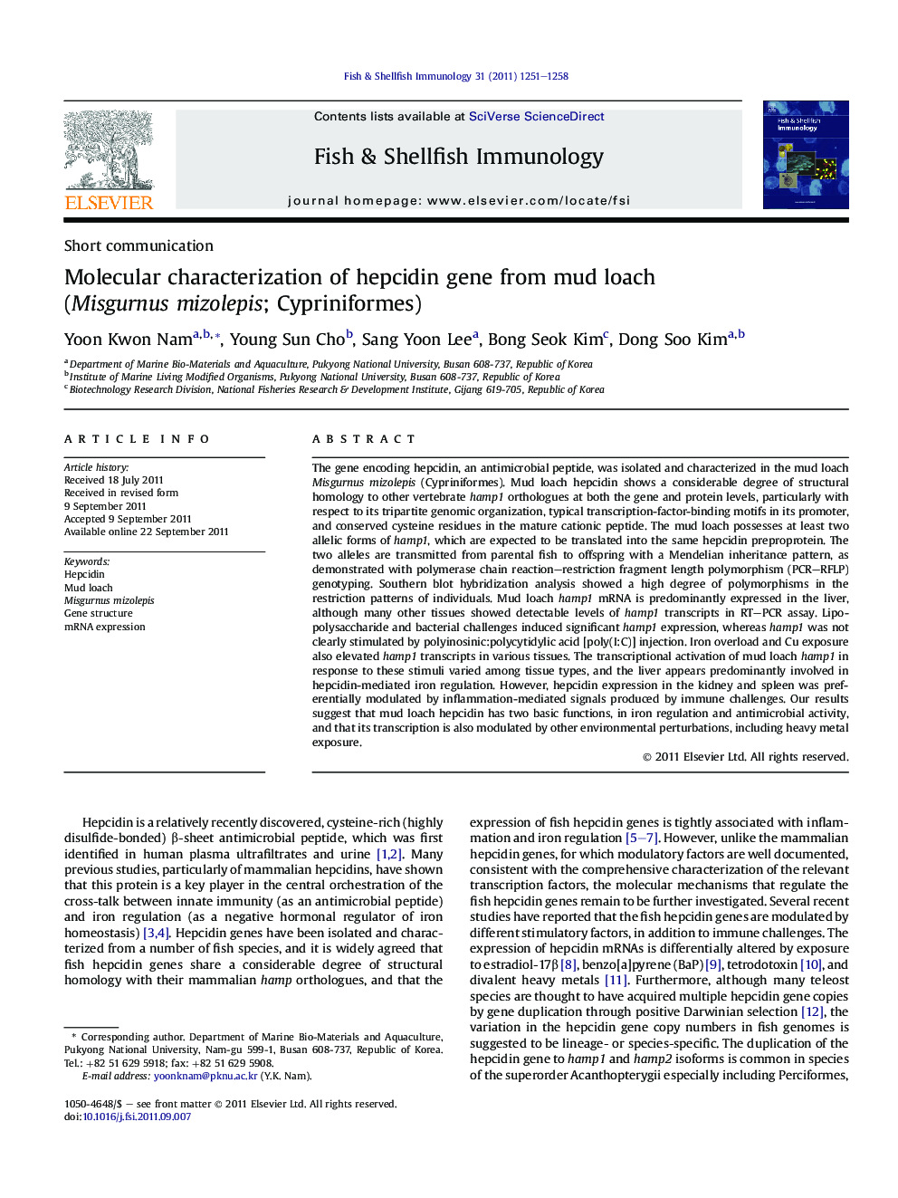 Molecular characterization of hepcidin gene from mud loach (Misgurnus mizolepis; Cypriniformes)