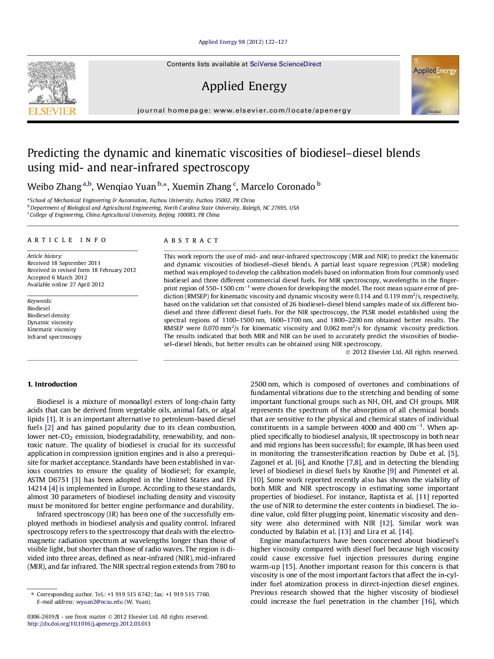 Predicting the dynamic and kinematic viscosities of biodiesel–diesel blends using mid- and near-infrared spectroscopy