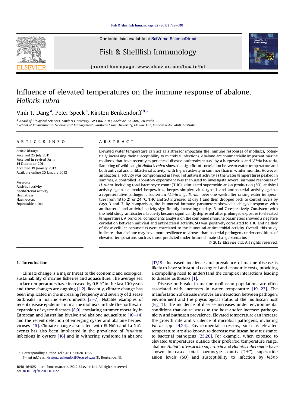 Influence of elevated temperatures on the immune response of abalone, Haliotis rubra