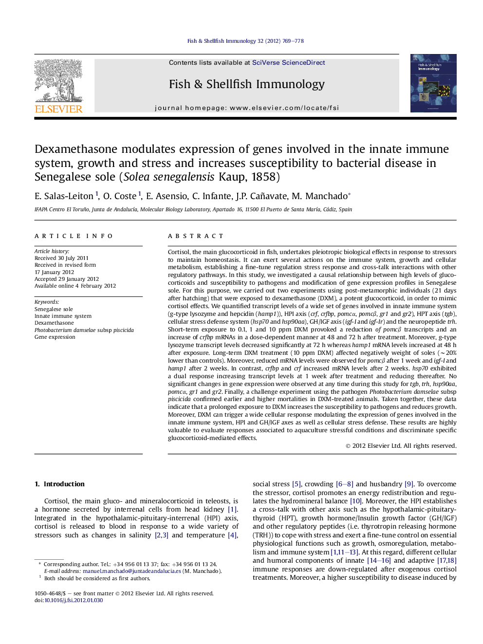 Dexamethasone modulates expression of genes involved in the innate immune system, growth and stress and increases susceptibility to bacterial disease in Senegalese sole (Solea senegalensis Kaup, 1858)