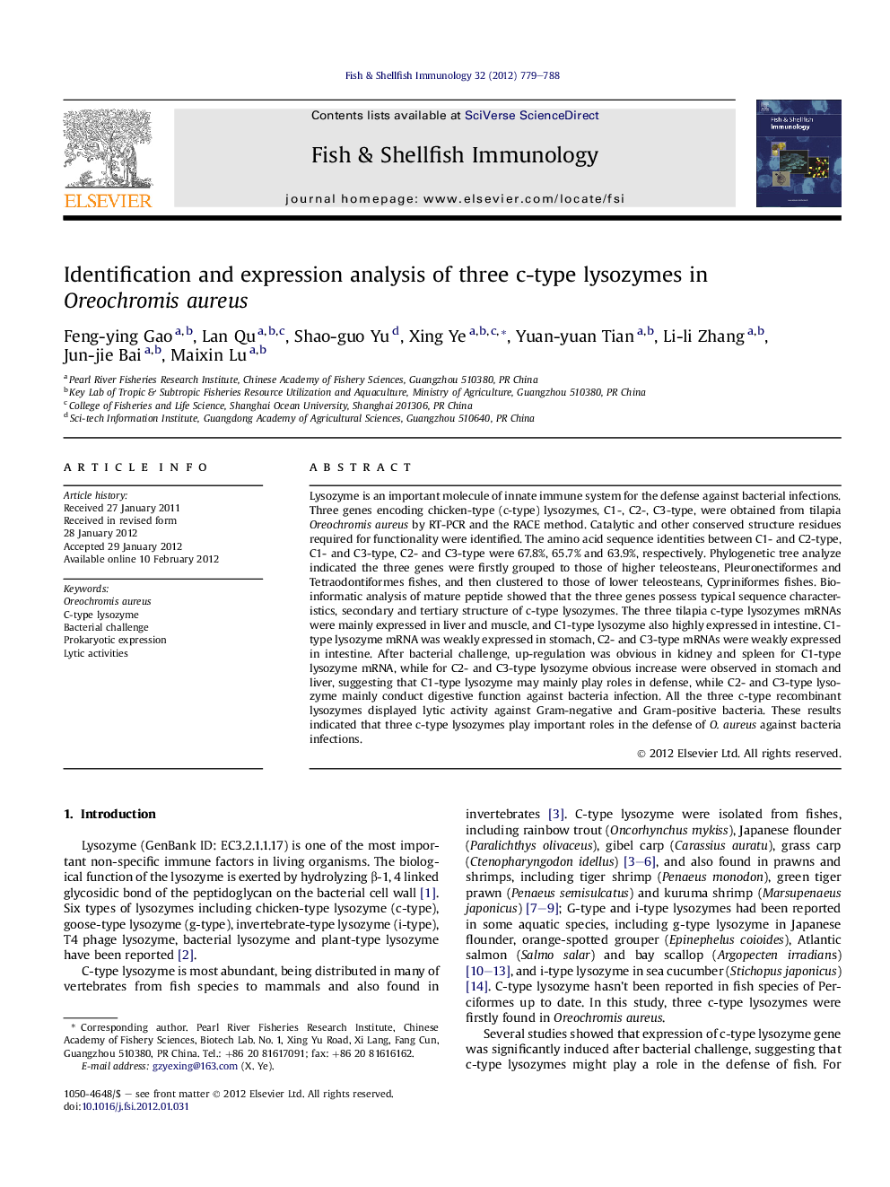 Identification and expression analysis of three c-type lysozymes in Oreochromis aureus