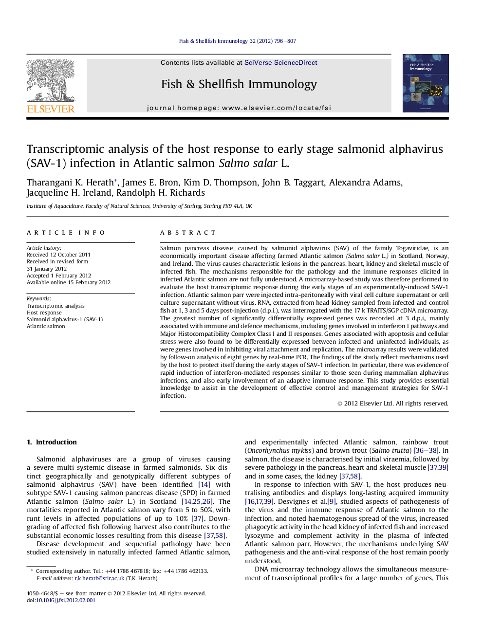 Transcriptomic analysis of the host response to early stage salmonid alphavirus (SAV-1) infection in Atlantic salmon Salmo salar L.