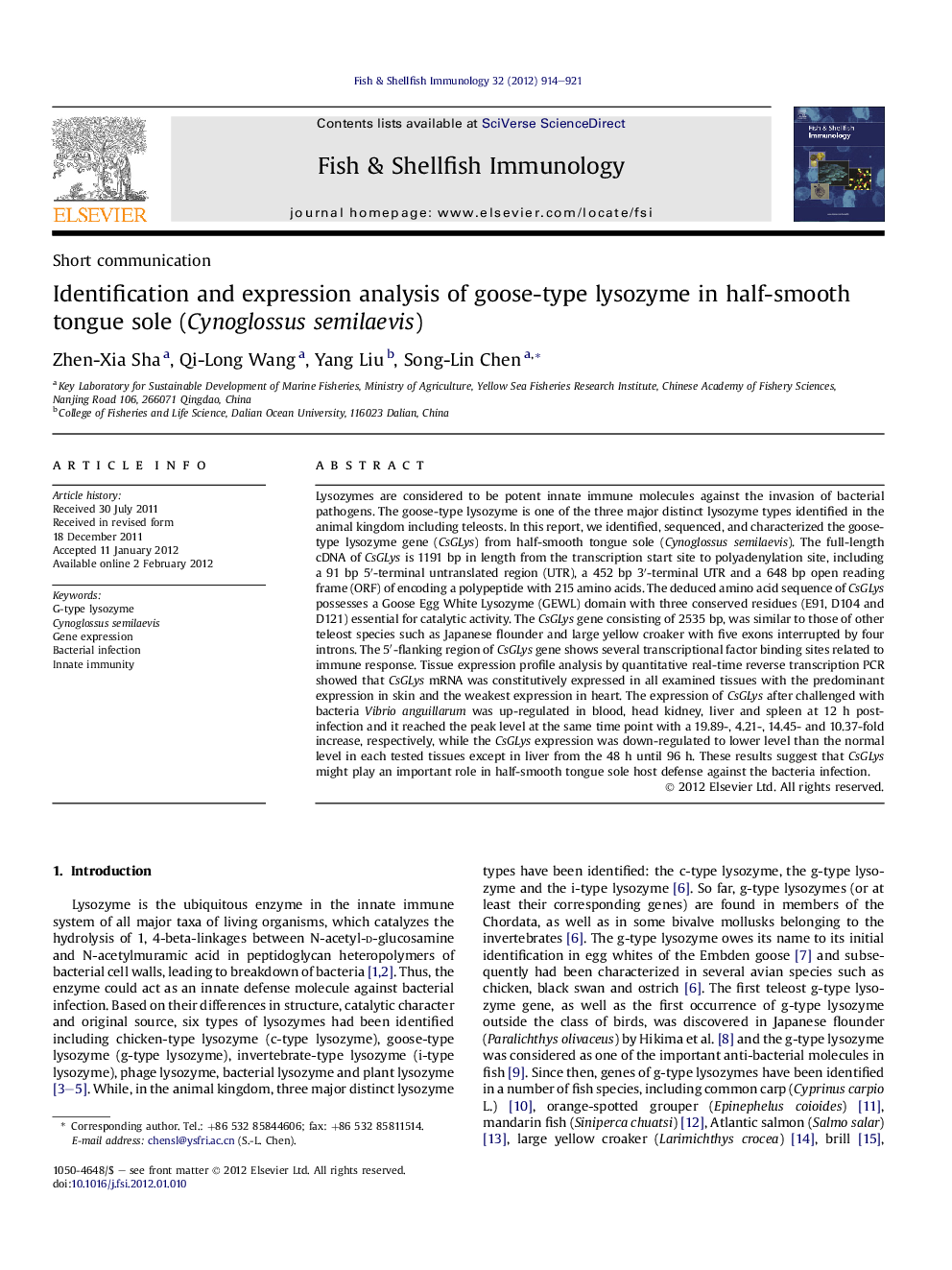 Identification and expression analysis of goose-type lysozyme in half-smooth tongue sole (Cynoglossus semilaevis)