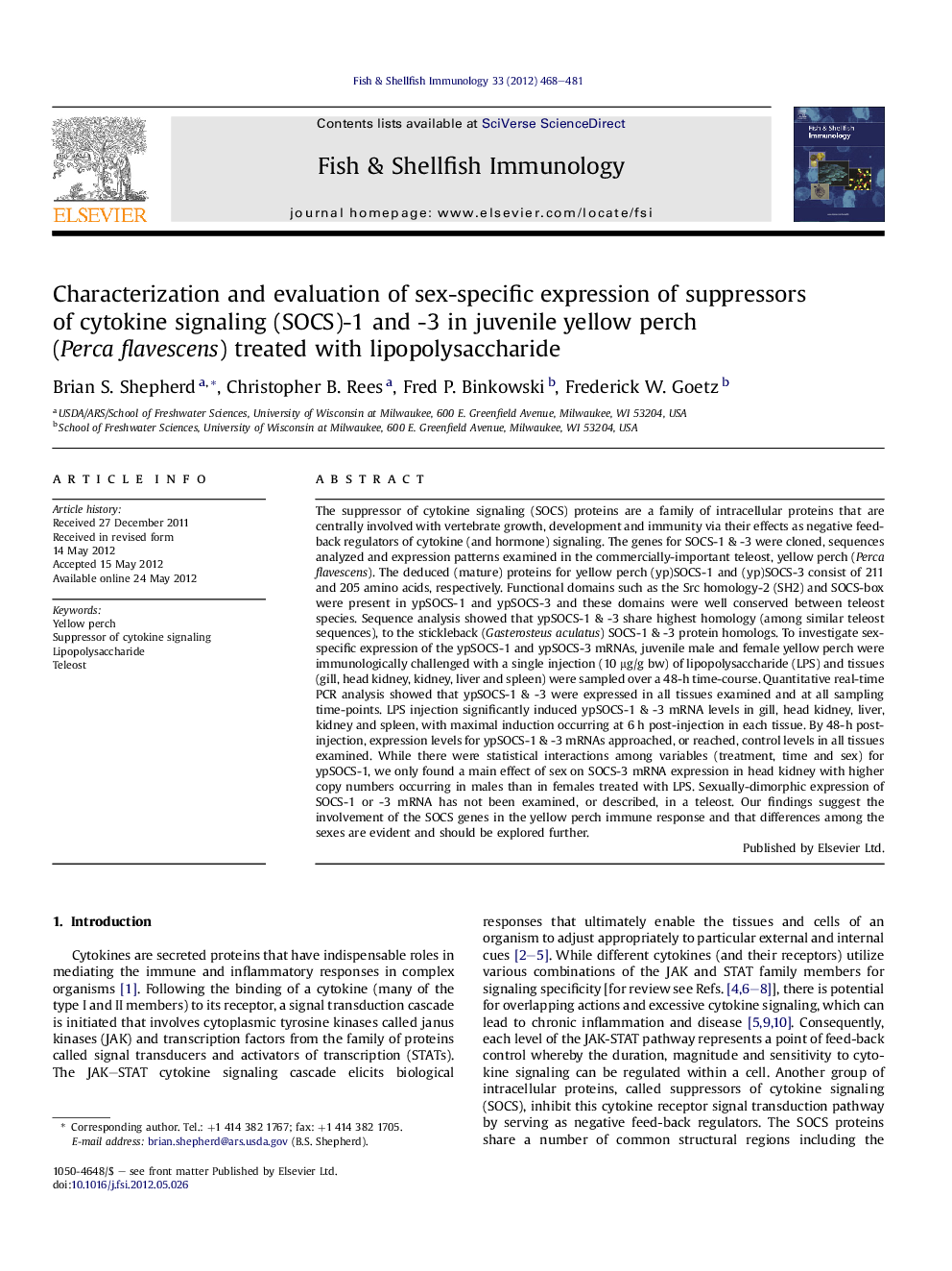 Characterization and evaluation of sex-specific expression of suppressors of cytokine signaling (SOCS)-1 and -3 in juvenile yellow perch (Perca flavescens) treated with lipopolysaccharide