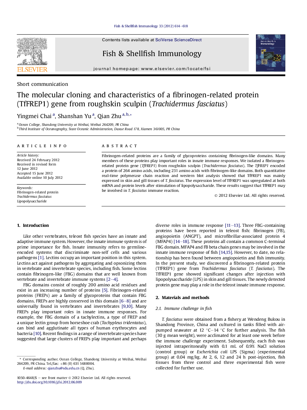 The molecular cloning and characteristics of a fibrinogen-related protein (TfFREP1) gene from roughskin sculpin (Trachidermus fasciatus)