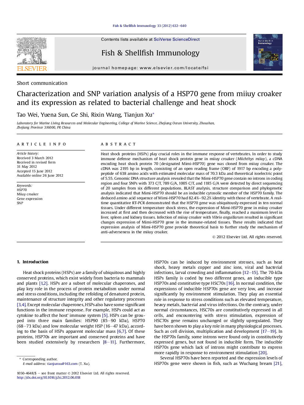 Characterization and SNP variation analysis of a HSP70 gene from miiuy croaker and its expression as related to bacterial challenge and heat shock