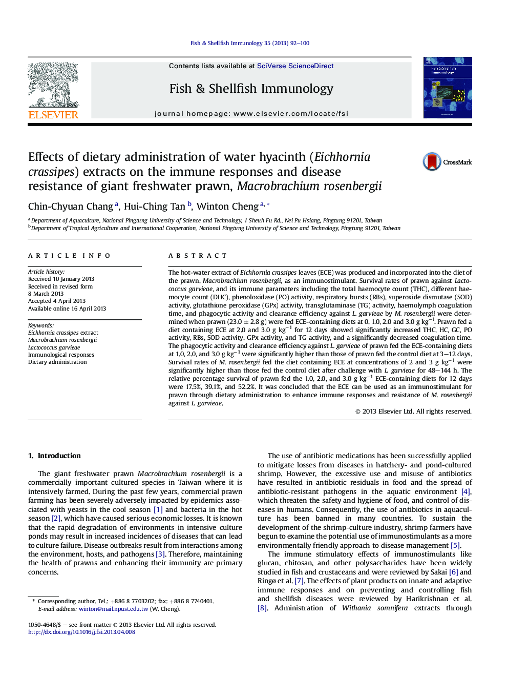 Effects of dietary administration of water hyacinth (Eichhornia crassipes) extracts on the immune responses and disease resistance of giant freshwater prawn, Macrobrachium rosenbergii