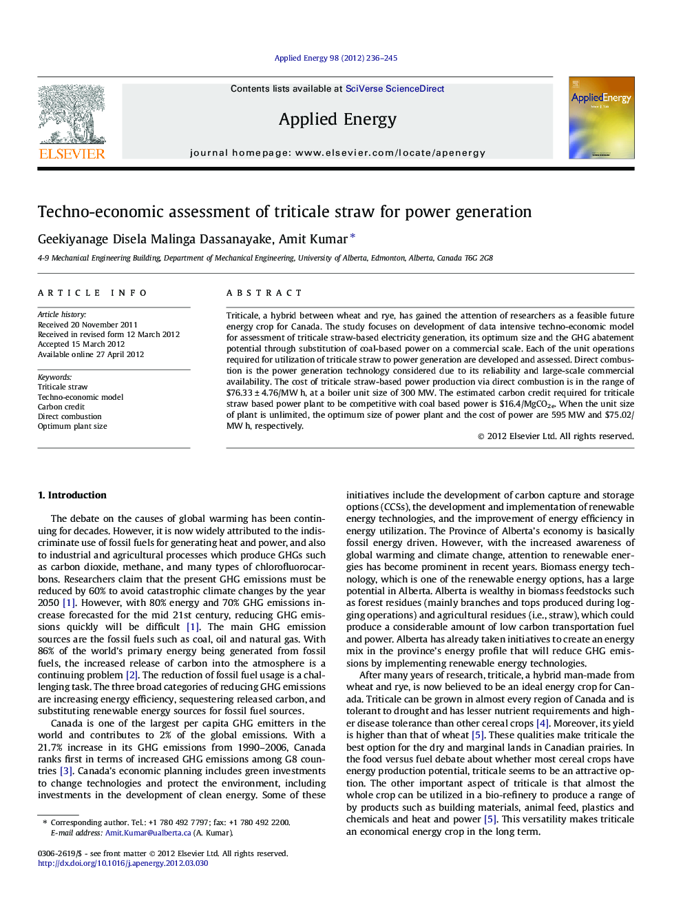 Techno-economic assessment of triticale straw for power generation