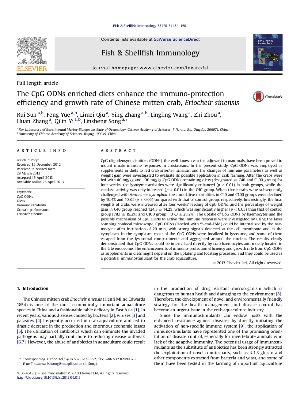 The CpG ODNs enriched diets enhance the immuno-protection efficiency and growth rate of Chinese mitten crab, Eriocheir sinensis