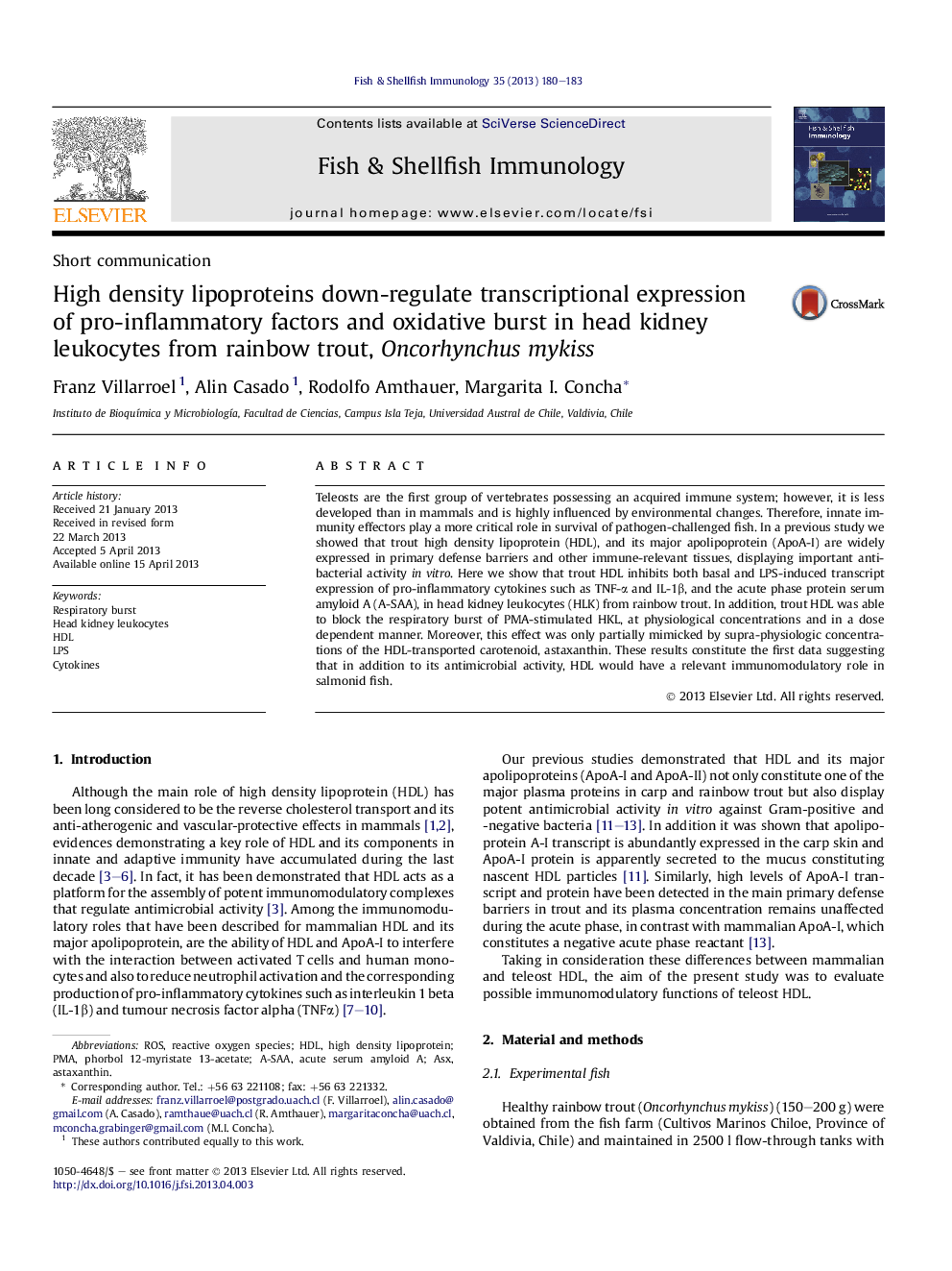 High density lipoproteins down-regulate transcriptional expression of pro-inflammatory factors and oxidative burst in head kidney leukocytes from rainbow trout, Oncorhynchus mykiss