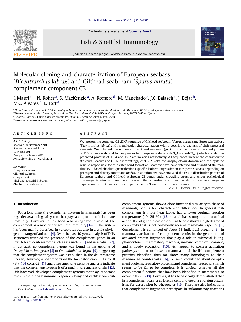 Molecular cloning and characterization of European seabass (Dicentrarchus labrax) and Gilthead seabream (Sparus aurata) complement component C3