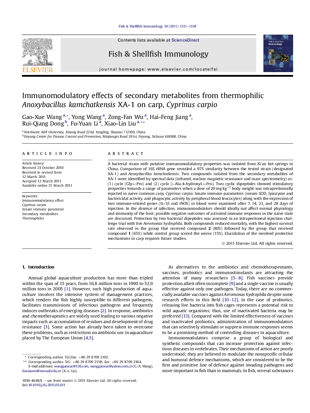 Immunomodulatory effects of secondary metabolites from thermophilic Anoxybacillus kamchatkensis XA-1 on carp, Cyprinus carpio