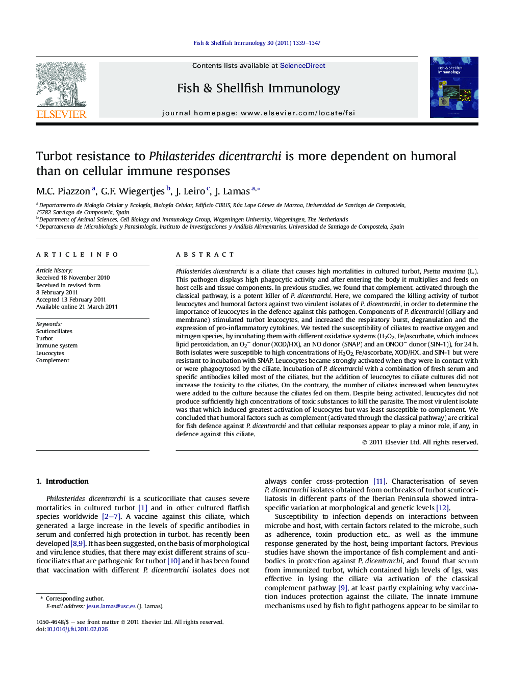 Turbot resistance to Philasterides dicentrarchi is more dependent on humoral than on cellular immune responses